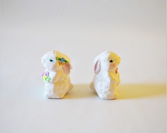 Bunny Rabbit Salt Pepper Shaker Set Figurine Colorful White Kitsch Statue Floral Easter Country Kitchen Black Owned Business Shop