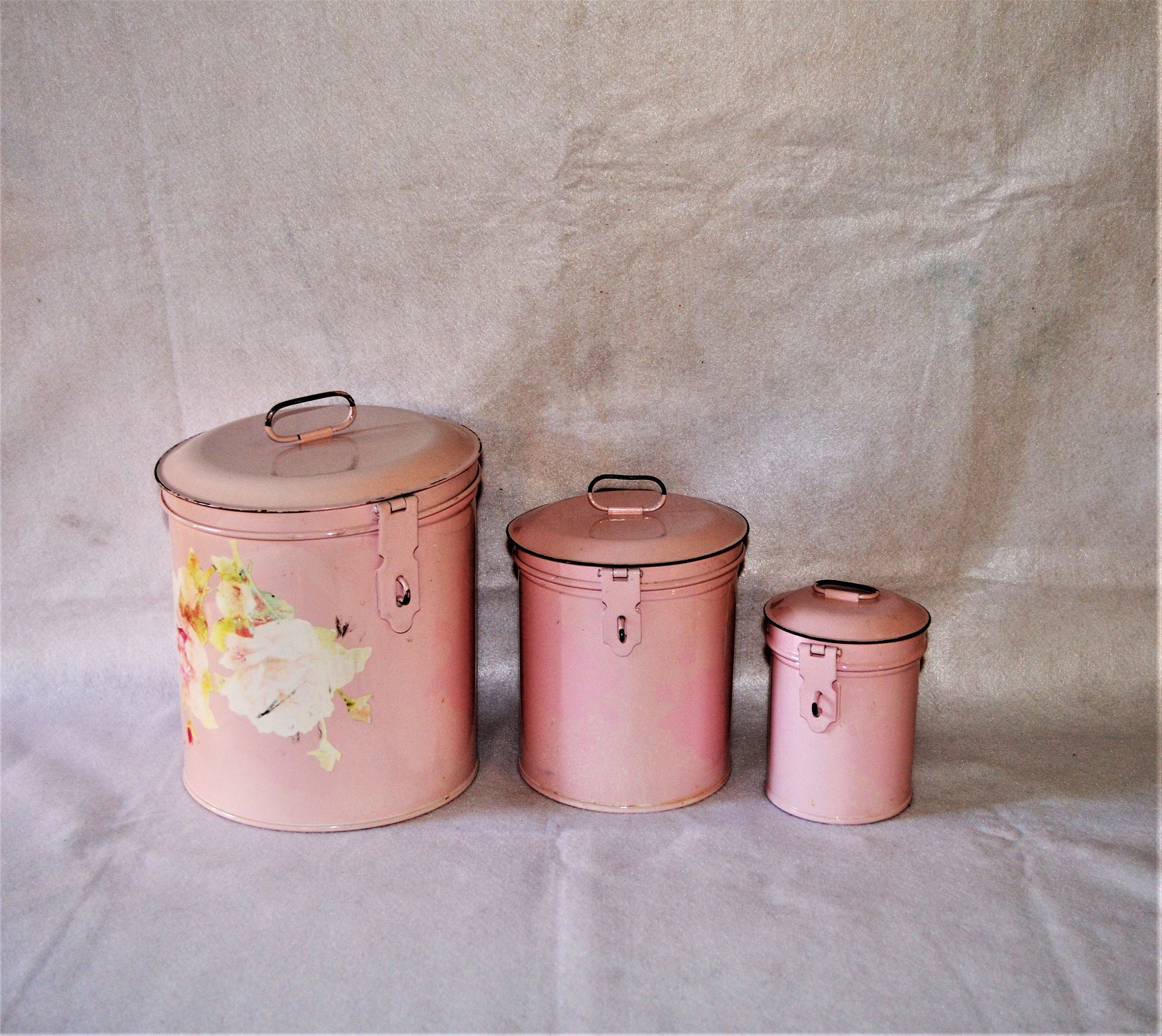 French Pink Kitchen Canister Set of 3 Floral Mid Century Etsy