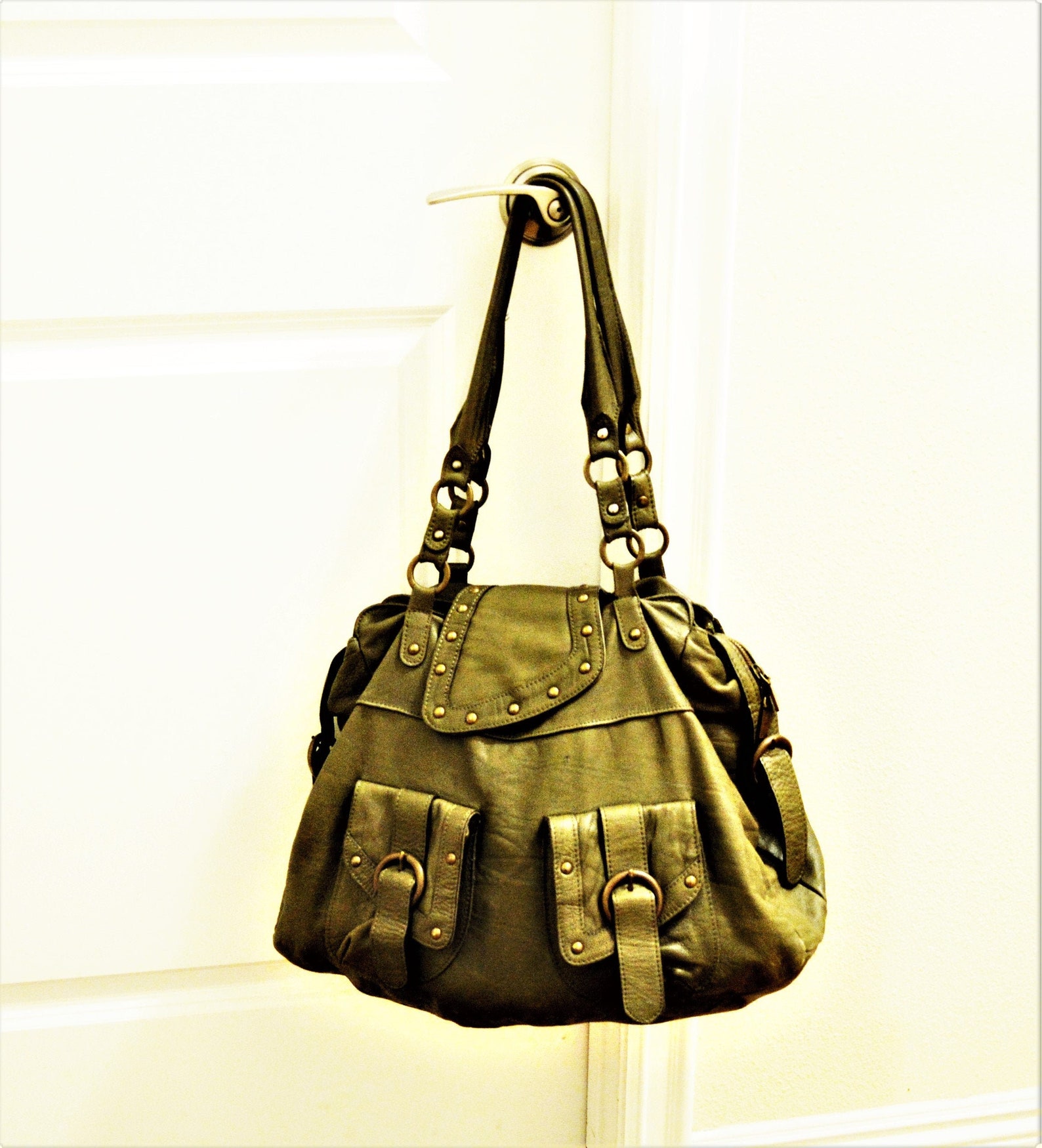 Olive Green Leather Designer Shoulder Bag Handbag Purse Gold Etsy