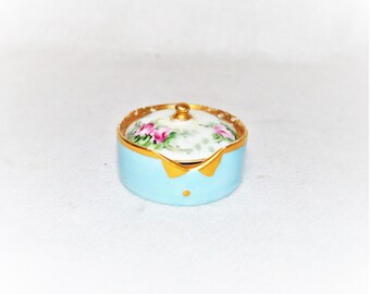 Wedding Ring Dish Floral Porcelain Covered Jewelry Tray Trinket Box Tuxedo Hand Painted Turquoise Blue White Gold Pink Made in Germany