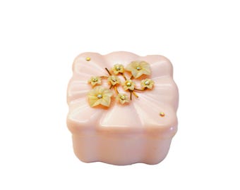Pink Vanity Table Powder Puff Box: Jewelry Tray, Celluloid Floral Gold Menda Co. Pasadena