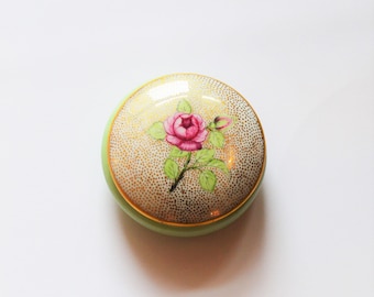 Wedding Ring Dish Floral Porcelain Covered Jewelry Tray Trinket Box Rose Hand Painted Green White Gold Pink Made in Japan Black Owned Shop