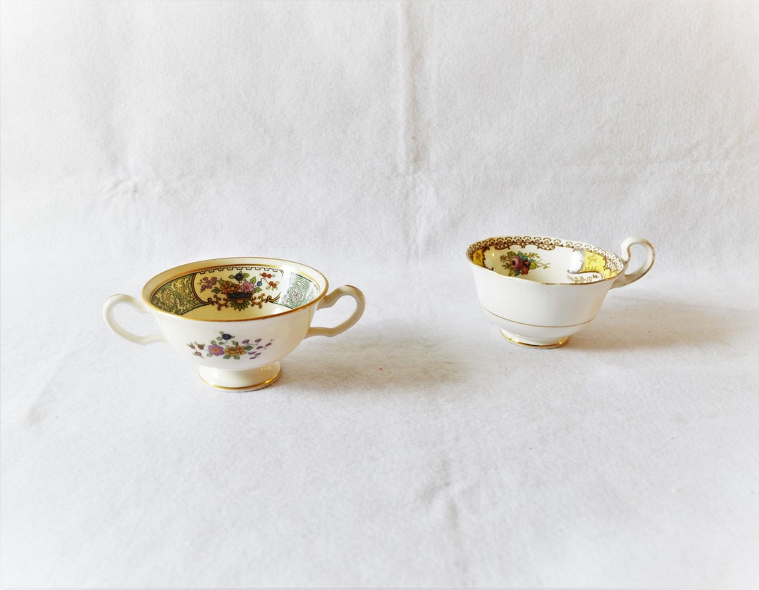 Floral Teacup Set Bouillon Consommé Cup Two Handles Gold White Early