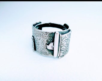 Wide sterling silver and gold ring, textures sterling silver ring band, silver band