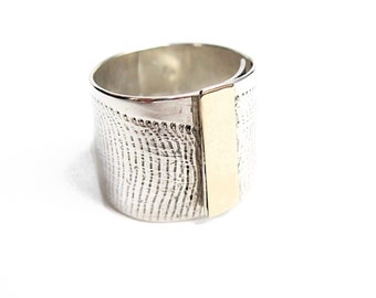 Wide sterling silver and gold ring, textures sterling silver ring band, silver band