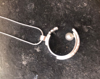 Pearl necklace, Sterling silver necklace, nature pendant, Sterling.  Textured Silver jewelry - Contemporary - Handcrafted - Silver Necklace