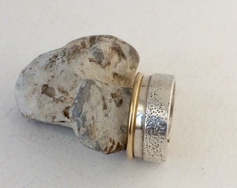 Wide sterling silver and gold ring, textures sterling silver ring band, silver band