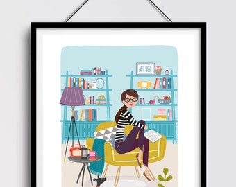 Personalised Reading Illustration Print: Book Lover Gift, Happy Place Wall Art