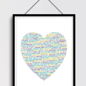 Lake District, Wainwrights, montagne e colline, poster con cuore di Wainwrights, stampa con scalatore e escursionismo