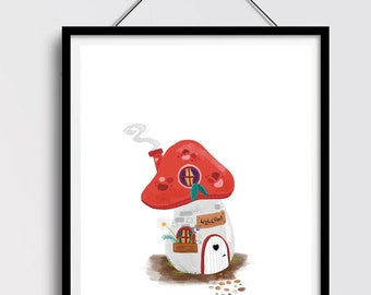 Toadstool House Fairy Print, Cute Woodland Print, Nursery Decor, Kids Bedroom, New Baby Gift, Playroom Art, Girl Room, Boy Room, Wall Art