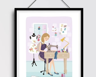Personalised Seamstress Custom Illustration Print: Sewing Room Wall Art
