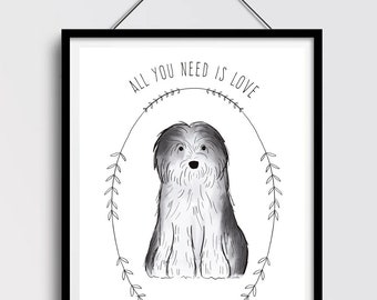 Bearded Collie Dog Print, Dog Illustration, Pet Portrait, Dog Portrait, Cute Fun Dog Print, Wall Décor, Wall Art, Dog Quotes