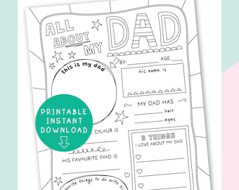 All About My Dad Colouring Worksheet, Father's Day Keepsake (Instant Download), Dad Printable Gift