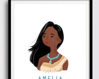 Personalised Illustrated Pocahontas Disney Portrait Print, Disney Princess Art