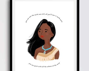 Illustrated Pocahontas Disney Portrait Print, Disney Princess Art