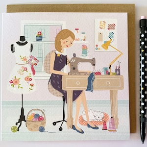 Biglietto d'auguri illustrato "Sewing Lady Seamstress", biglietto di auguri "Sewing Bee", hobby, compleanno, biglietto "Penso a te", biglietto "Semplicemente così", biglietto di amicizia