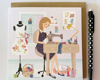Seamstress Illustrated Greetings Card: Sewing, Hobby, Birthday, Friendship Card
