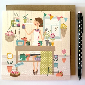 Gardening Lady Illustrated wenskaart, tuin, potschuur, hobby, verjaardag, kaart Thinking of You, gewoon omdat, vriendschapskaart
