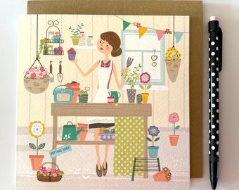 Gardening Lady Illustrated Card: Hobby, Birthday, Friendship Card