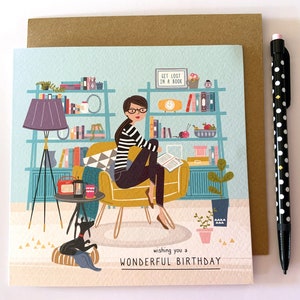 Biglietto di auguri illustrato per amanti dei libri, ...