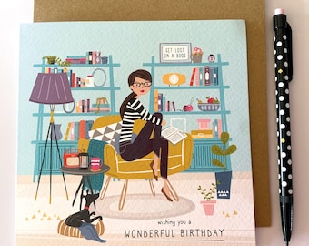 Reading Lady Book Lover Illustrated Greetings Card, Books, Hobby, Birthday, Friendship Card