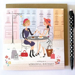Biglietto d'auguri illustrato "Amici del caffè, signore che pranzano", biglietto di auguri di compleanno, biglietto di amicizia