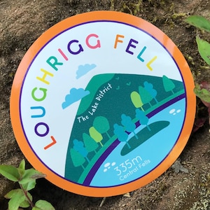 May include: A colorful round sticker with the text "LOUGH RIGG FELL" in a rainbow font. The sticker features a cartoon illustration of a green hill with trees and a blue lake. The text "The Lake District" is written on the hill. The sticker also includes the text "335m Central Fells".