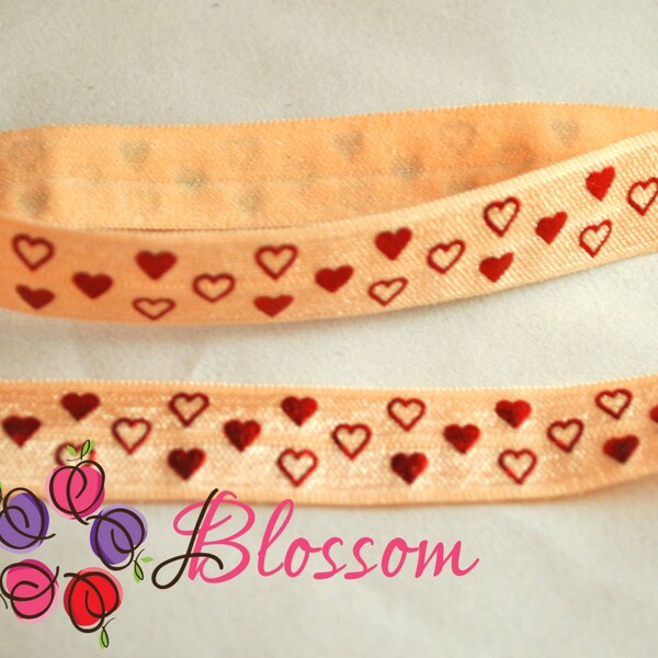 Red metallic foil hearts on Peach color FOE stretch elastic 5/8" inch - fold over elastic - valentines day heart CHOOSE 1 or 5 Yards