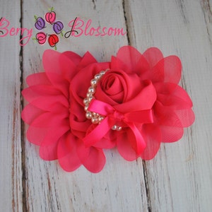 5 inch Hot Pink Chiffon Flower with Pearl Beads & Ribbon - flower accessory - headband flower - corsage wedding flowers