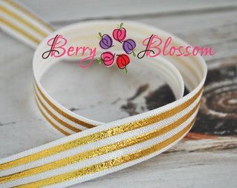 White & Metallic Gold Foil Stripes - stretch elastic 5/8" inch - FOE elastics - fold over elastic - foil elastics