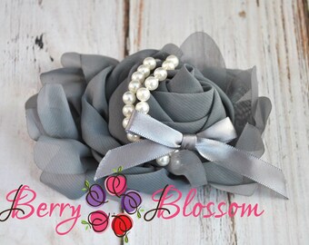 5" inch grey Chiffon Flower with Pearl Beads & Ribbon - flower accessory - headband flower - corsage wedding flowers