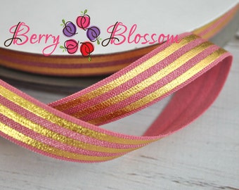 Dusty Rose & Metallic Gold Foil Stripes - stretch elastic 5 yard 5/8" inch - FOE elastics - fold over elastic - foil elastics