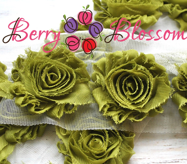 JT olive green rose flowers by the yard 2.5 Olive Green shabby flower trim frayed chiffon