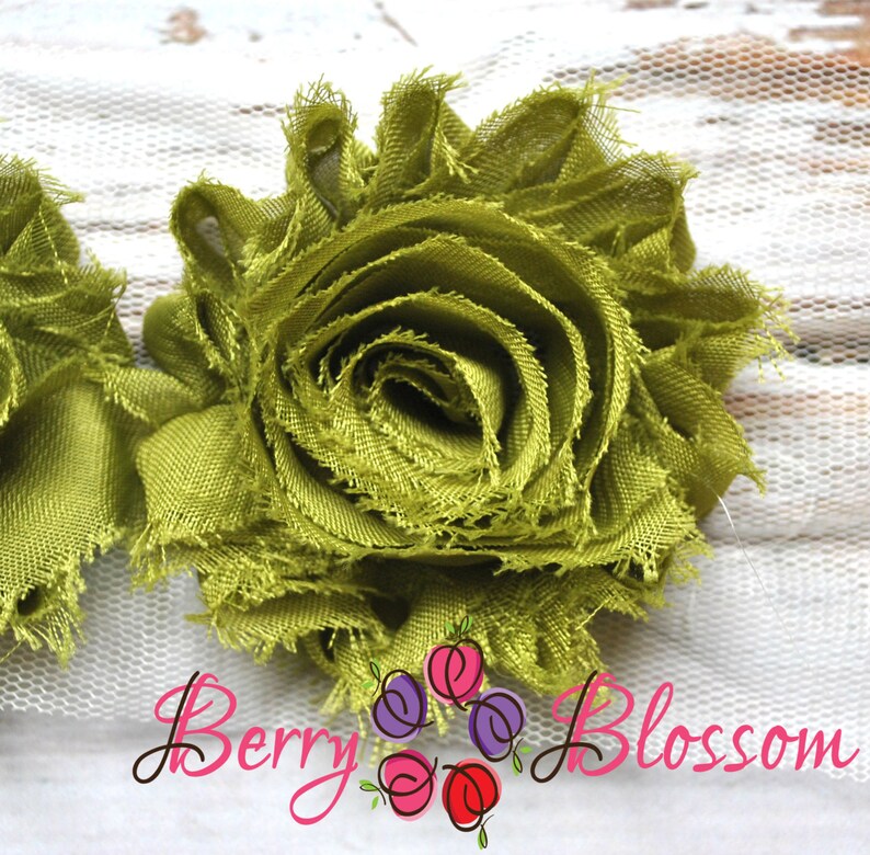 JT olive green rose flowers by the yard 2.5 Olive Green shabby flower trim frayed chiffon