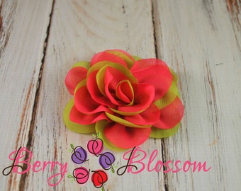 2 pc Two Tone Chiffon - Hot Pink and Avocado Green Chiffon Flower 3.5 inch - flower accessory - headband flower - chiffon wedding flowers