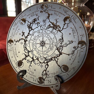 Wheel of the Year deep laser carved hand finished calendar altar tile with Lunar phases and incantation (muted black)