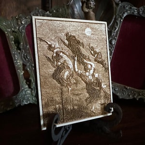 Flying Witches mini laser engraved plaque with mini easel