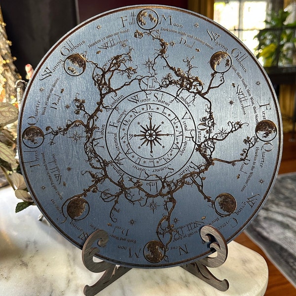 Wheel of the Year deep laser carved hand finished calendar altar tile with Lunar phases and incantation (Celestial blue)