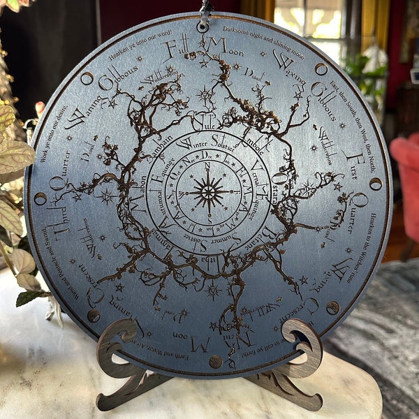 Wheel of the Year deep laser carved hand finished calendar altar tile with Lunar phases and incantation (Celestial Blue)