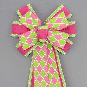 Harlequin Polka Dot Lime Hot Pink Spring Wreath Bow - Easter Wreath Bow, Spring Wreath Bow, Summer Wreath Bow