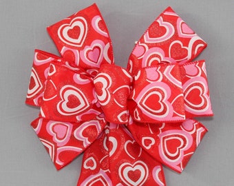 Pink Red Stacked Sparkle Hearts Valentine's Day Bow - Valentine's Day Wreath Bow, Valentine's Day Gift Bow