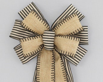 Burlap Black Natural Stripe Wreath Bow- Burlap Wreath Bow, Fall Wreath Bow, Spring Wreath Bow, Black Wreath Bow