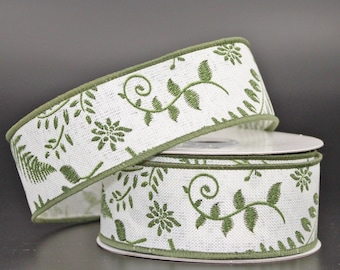 10 yards Green Fern Leaf Greenery Wired Ribbon -  2 Color Options, Floral Ribbon, Birds Ribbons, Flower Ribbon, Spring Ribbon