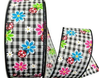 Black White Gingham Ladybugs Daisy Spring Wired Ribbon - Ladybug Ribbon, Spring Ribbon