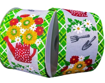 10 yards Watering Floral Can Gardening Tools Wired Ribbon - Spring Ribbon