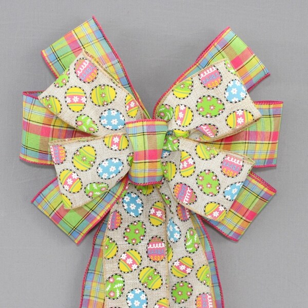 Festive Easter Eggs Plaid Wreath Bow - Easter Wreath Bows, Easter Basket Bow, Easter Decorations