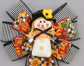 Fall Scarecrow Pumpkin Sunflower Wreath Bow - Buffalo Plaid Bow, Fall Plaid Bow, Fall Wreath Bow, Fall Scarecrow Bow, Fall Decor