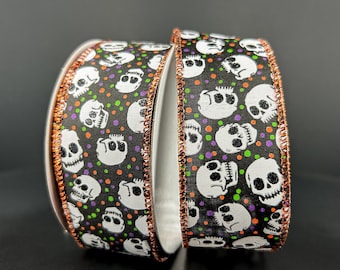 10 yards Halloween Skull Dots Wired Ribbon - Ribbon for Wreaths, Halloween Ribbon