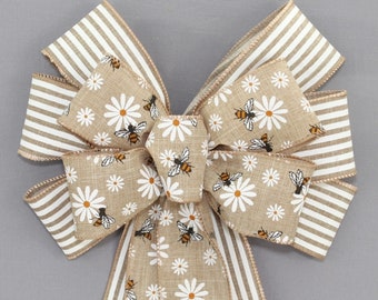 Bumblebee Daisy Cabana Stripe Wreath Bow - Bumbebee Wreath Bow, Daisy Wreath Bow, Bee Wreath Bow,  Spring Wreath Bow