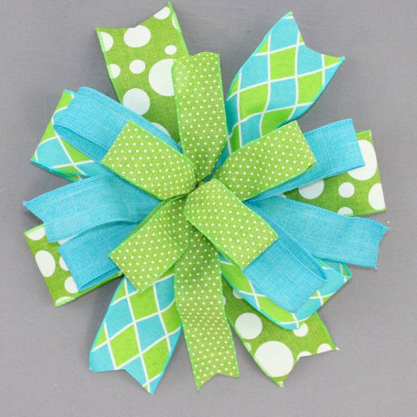 Turquoise Lime Green Spring Rustic Wreath Bow - Spring Wreath Bow, Green Wreath Bow, Summer Wreath Bow